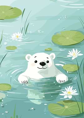 Polar Bear Swimming in Lily Pond