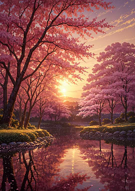 Sakura Cherry Blossom Trees Reflecting in Water