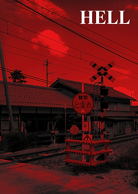Red Japanese Railroad Crossing to Hell Concept