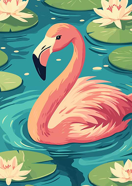Pink Flamingo in Water Lily Pond