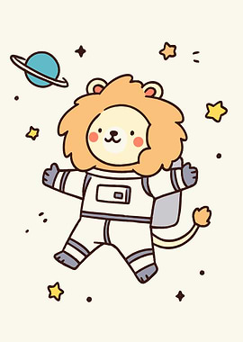 Cute Lion Astronaut in Space Cartoon