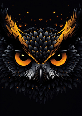 Fierce owl vector portrait with fiery orange eyes