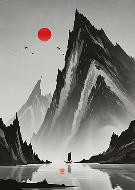 Monochrome Mountain Landscape with Red Sun