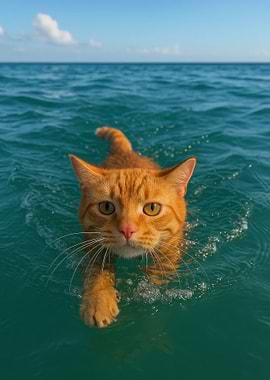 Orange Cat Swimming in the Ocean