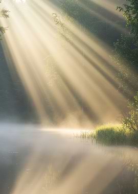 Sunbeams through the forest over lake