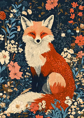 Fox in Floral Garden Illustration