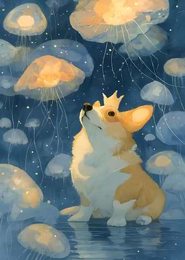 Corgi with Crown and Jellyfish