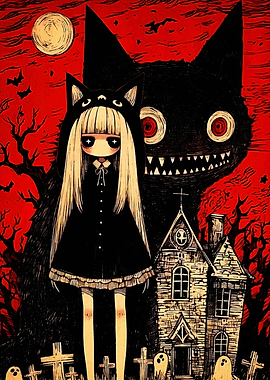 Gothic Girl with Monster and Haunted House