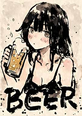 Anime Girl with Beer Watercolor