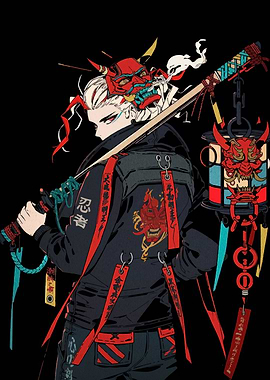 Cyberpunk Ninja with Oni Mask
