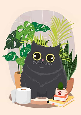 Cute Cat with Plants and Books