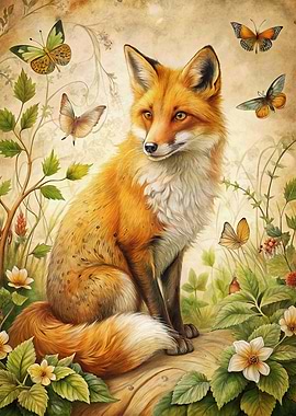 Fox and Butterflies in Nature