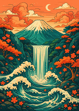 Mount Fuji Landscape with Waterfall