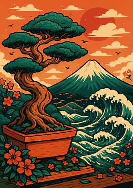 Bonsai Tree with Mount Fuji Background