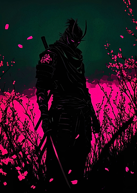 Silhouette Samurai with Cherry Blossoms