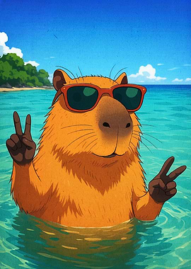 Capybara in Water with Sunglasses