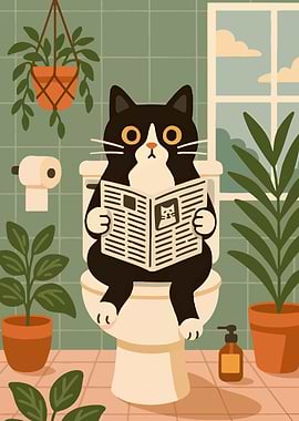 Cat Reading Newspaper on Toilet