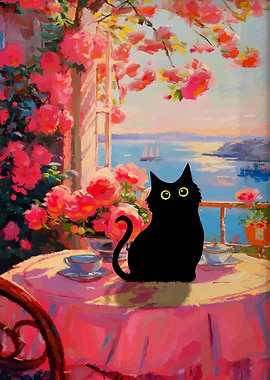 Black Cat on Balcony with Roses
