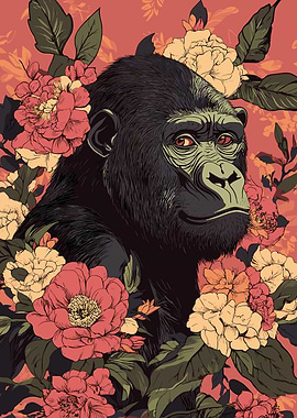 Gorilla Surrounded by Flowers Illustration