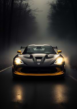 Black Dodge Viper in Fog