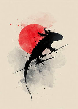 Axolotl Silhouette with Red Sun