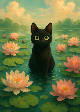 Black Cat in Lily Pond Painting