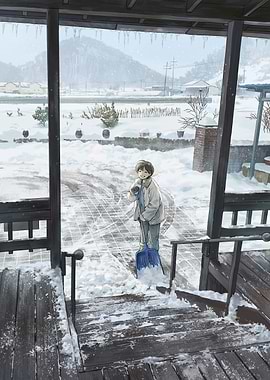 Boy Shoveling Snow in Winter Scene