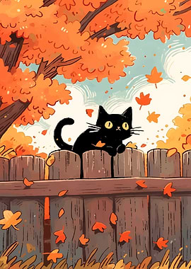 Black Cat on Fence in Autumn