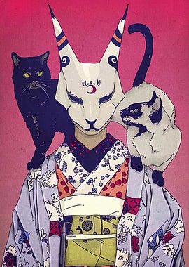Kitsune Mask with Cats and Kimono