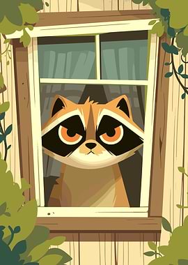 Cartoon Raccoon Looking Through Window
