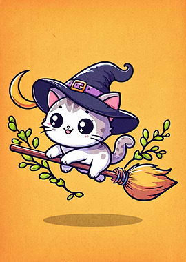 Cute Witch Cat on Broomstick