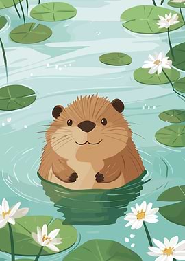 Cute Otter in Pond Illustration
