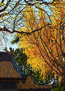 Autumn Trees and Temple Roof