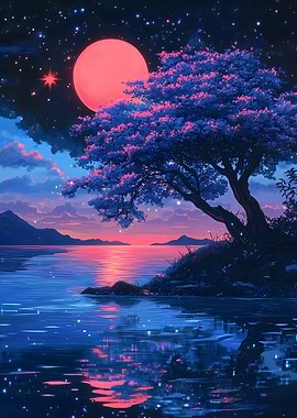 Dreamy Lake Landscape with Cherry Blossom Tree Japan Space