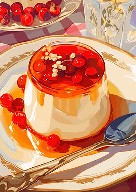 Panna Cotta with Cherries Illustration