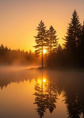 Golden Sunrise Misty Forest Lake