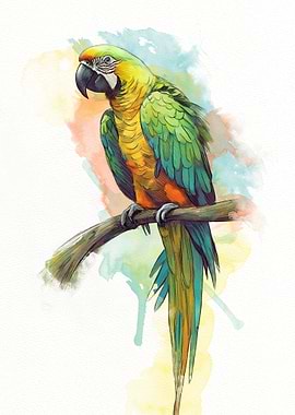 Watercolor Parrot on Branch Illustration