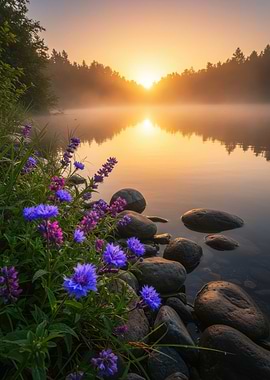 Sunrise Misty Forest Lake