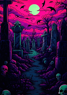Neon Graveyard with Skulls and Bats