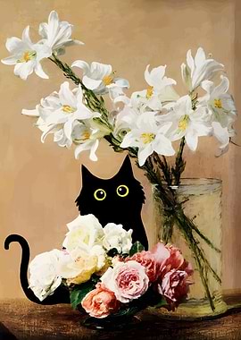 Black Cat with Flowers Still Life
