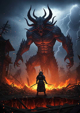 Samurai vs. Demon in Burning Landscape