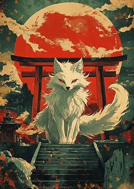 White Fox Spirit Under Red Moon