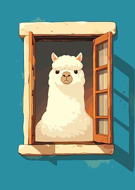 Alpaca in Window Cartoon Illustration