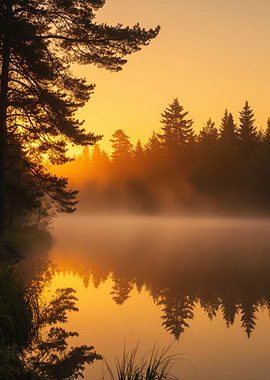 Golden Sunrise Misty Forest Lake