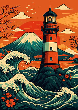 Lighthouse, Mountain, and Waves Illustration
