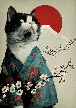 Cat in Kimono with Mount Fuji