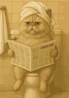 Cat reading newspaper on toilet