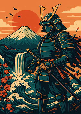 Samurai Warrior with Mount Fuji Backdrop