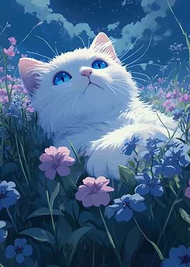 White Cat in Flower Field