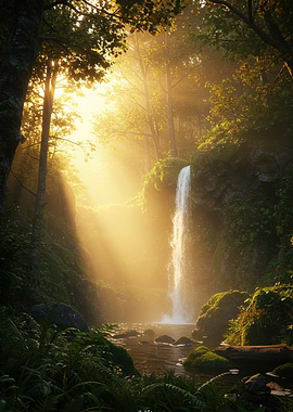 Golden Waterfall in Lush Forest